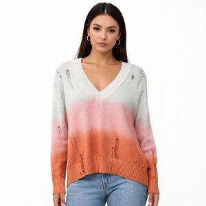 27 Miles Sweater Womens Medium Ombre Distressed V Neck Knit Pullover Multicolor